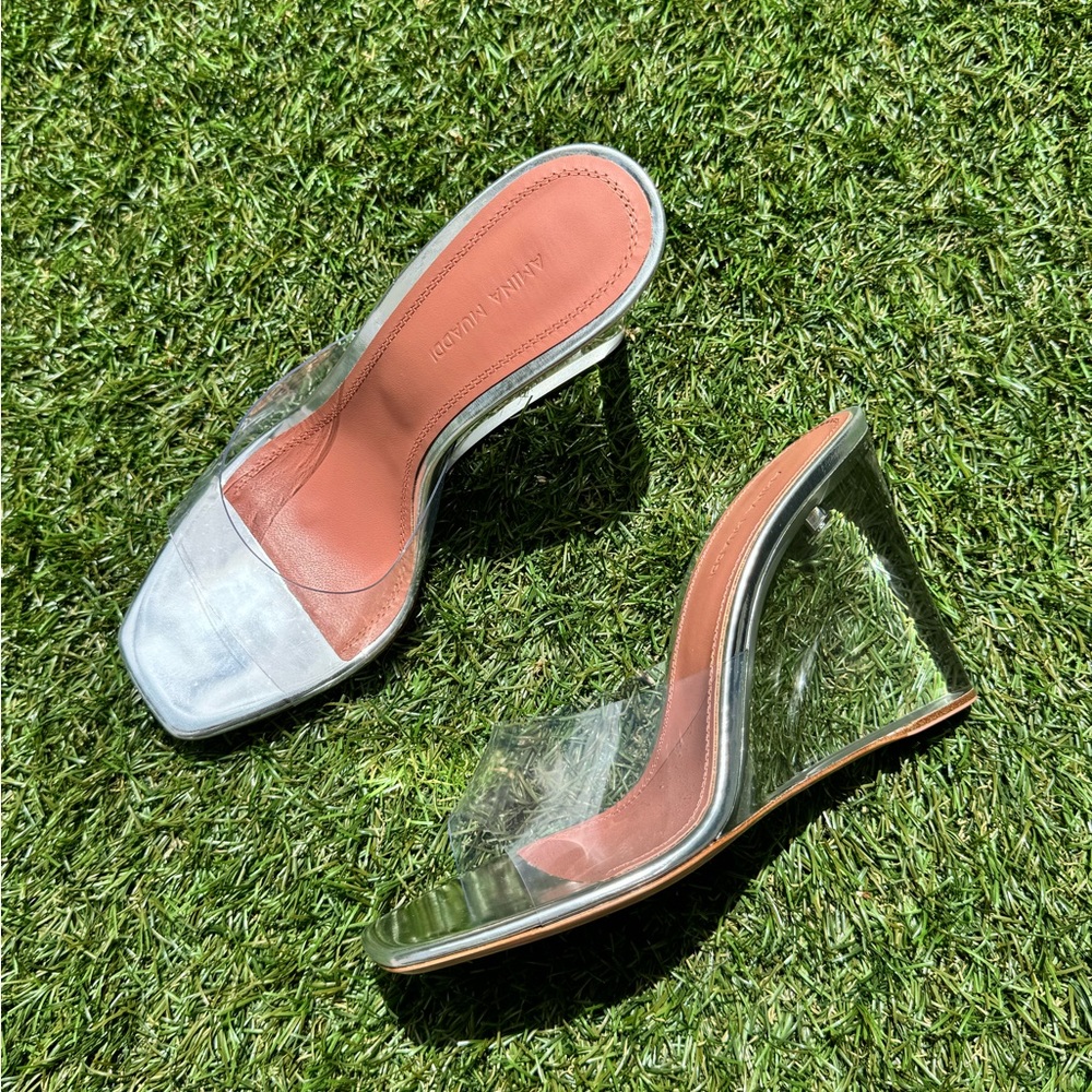 Amina Muaddi Lupita Glass Wedge PVC Clear Silver Mule Sandals Heel Shoes